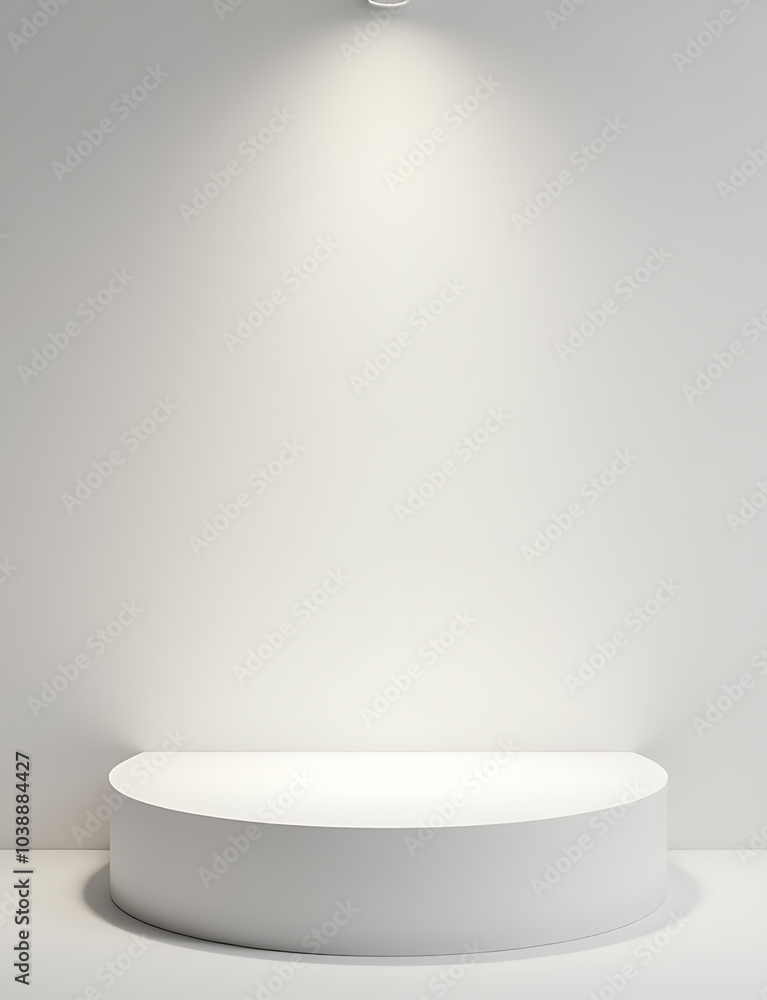 Simple white podium stands alone on stone steps with spotlights to showcase products. Simple white podium stands alone on stone steps with spotlights to showcase products.