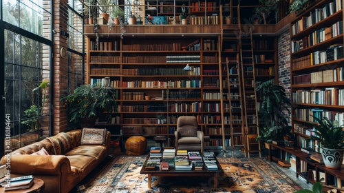 A home library with floor-to-ceiling bookshelves and a ladder