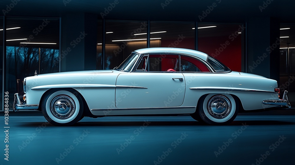 Fototapeta premium A classic white coupe car parked in front of a modern building with large windows.