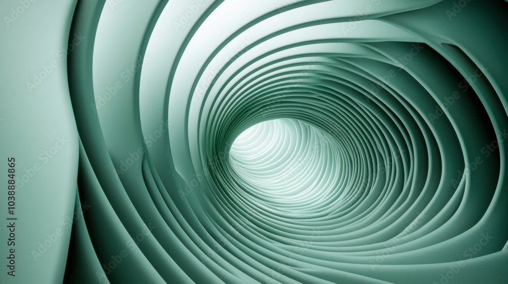 Obraz premium An abstract image showing a spiraling tunnel with smooth, layered curves in shades of green. The design is modern and has a calming aesthetic.