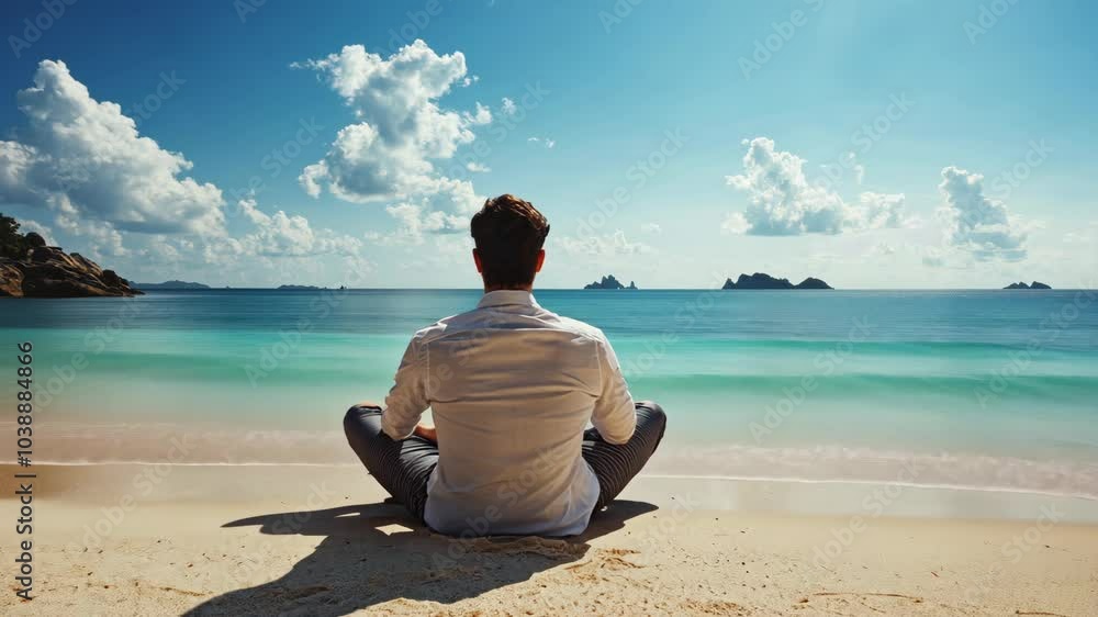 A man meditates on a sandy beach with a clear blue sky and calm ocean water A man meditates on a sandy beach with a clear blue sky and calm ocean water