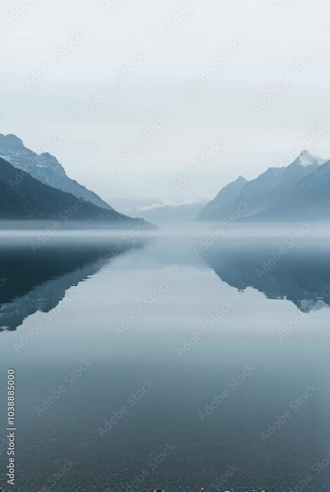 Beautiful lake in misty morning. Mountains, forest and clouds reflected in the calm water surface. Norwegian dark autumn landscape. Nature, ecology, eco tourism. Travel and vacation concept Beautiful lake in misty morning. Mountains, forest and clouds reflected in the calm water surface. Norwegian dark autumn landscape. Nature, ecology, eco tourism. Travel and vacation concept
