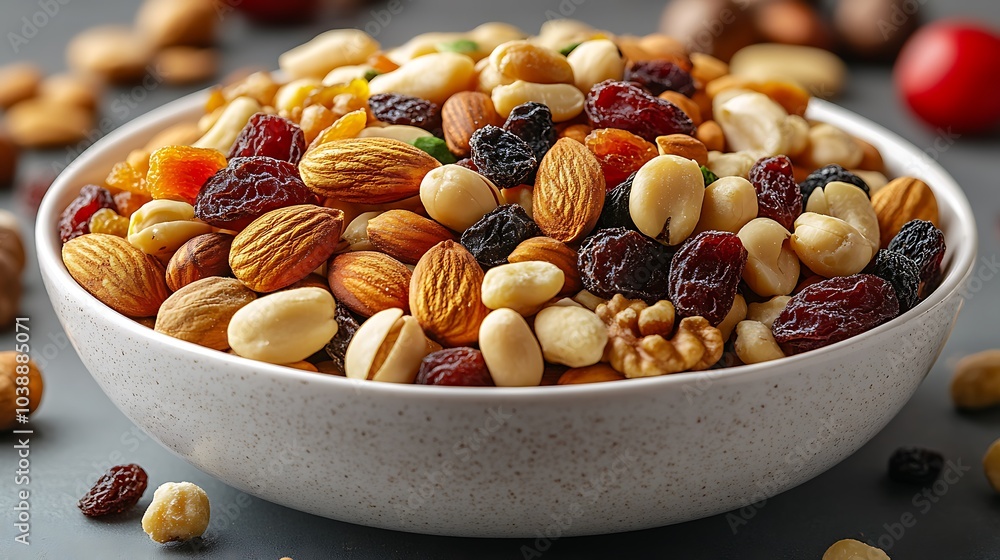 A bowl of mixed nuts and dried fruit. The bowl is white and filled with a variety of nuts and dried fruit mixed nuts and dried fruits with a simple table top in the background, warm dining atmosphere. A bowl of mixed nuts and dried fruit. The bowl is white and filled with a variety of nuts and dried fruit mixed nuts and dried fruits with a simple table top in the background, warm dining atmosphere.