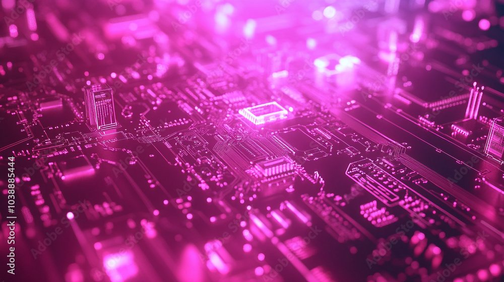 Vivid aerial view of a digital circuit board illuminated in bright pink light at night Vivid aerial view of a digital circuit board illuminated in bright pink light at night