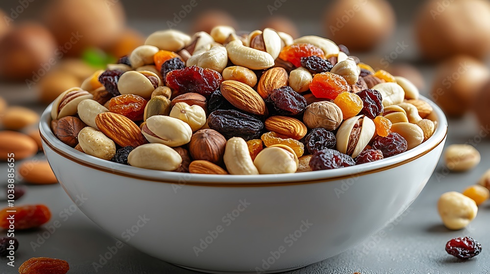 A bowl of mixed nuts and dried fruit. The bowl is white and filled with a variety of nuts and dried fruit mixed nuts and dried fruits with a simple table top in the background, warm dining atmosphere. A bowl of mixed nuts and dried fruit. The bowl is white and filled with a variety of nuts and dried fruit mixed nuts and dried fruits with a simple table top in the background, warm dining atmosphere.