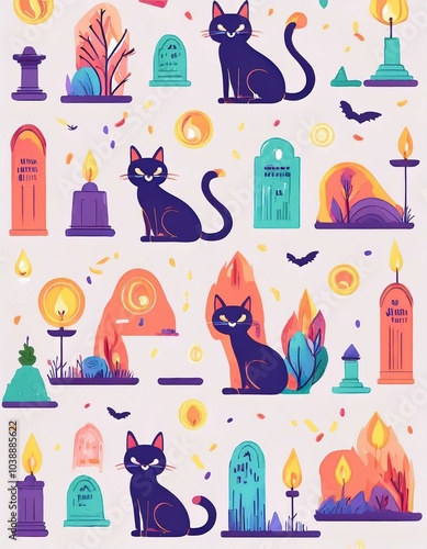 Haloween animals set kawaii doodles