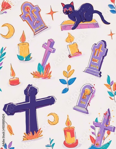 Haloween animals set kawaii doodles