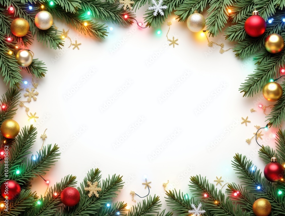 Christmas border with conifer branches and garlands of Christmas lights isolated on white background Christmas border with conifer branches and garlands of Christmas lights isolated on white background