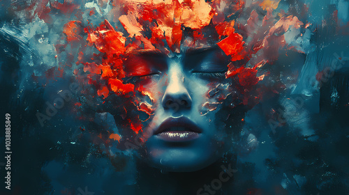 Abstract portrait of a woman with closed eyes and red paint splashes.