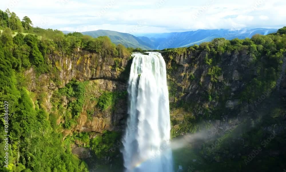 The majestic waterfall cascades from great heights, creating clouds of spray and a rainbow in the sunlight The majestic waterfall cascades from great heights, creating clouds of spray and a rainbow in the sunlight