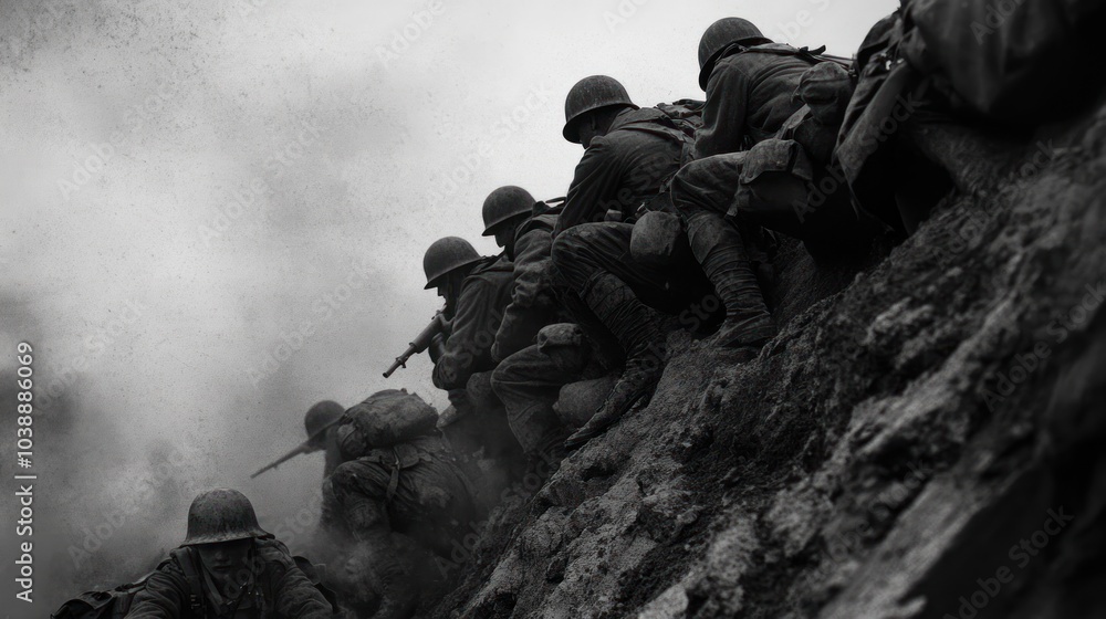 Soldiers in formation on a battlefield, evoking themes of war and sacrifice.