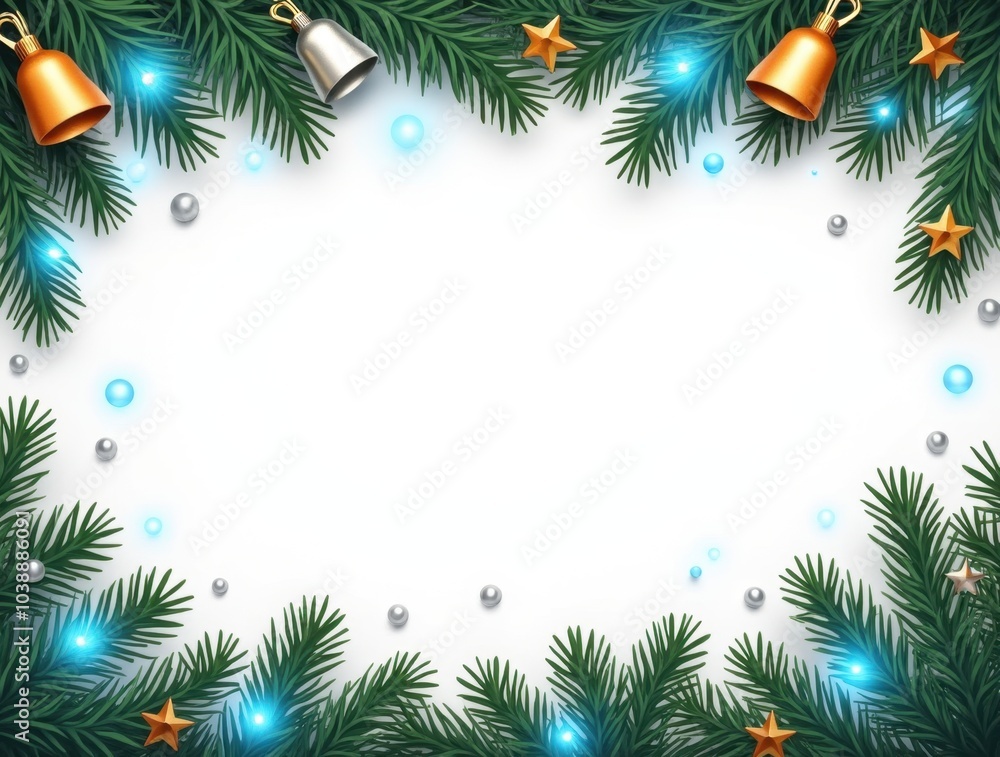 Christmas border with conifer branches and garlands of Christmas lights isolated on white background Christmas border with conifer branches and garlands of Christmas lights isolated on white background
