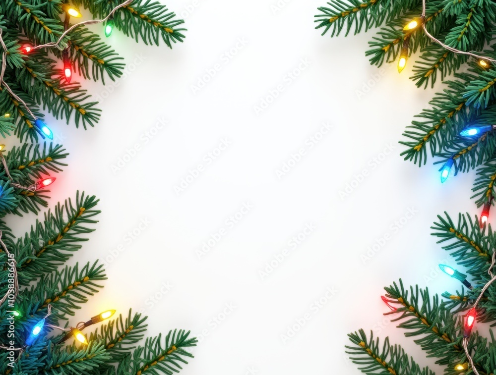 Christmas border with conifer branches and garlands of Christmas lights isolated on white background Christmas border with conifer branches and garlands of Christmas lights isolated on white background