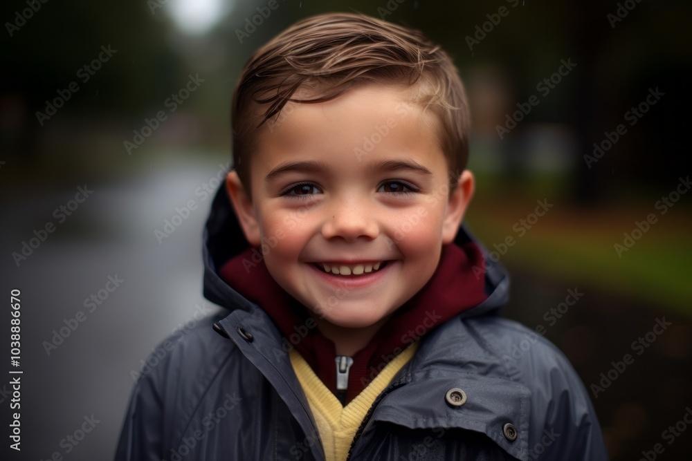 Portrait of a smiling boy in a raincoat on a blurred background Portrait of a smiling boy in a raincoat on a blurred background