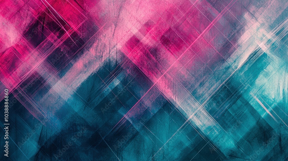 A vibrant abstract painting featuring intersecting lines and colors of pink and teal, creating a dynamic visual impression. A vibrant abstract painting featuring intersecting lines and colors of pink and teal, creating a dynamic visual impression.