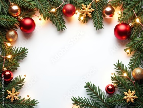 Christmas border with conifer branches and garlands of Christmas lights isolated on white background