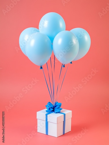 Gift box tied to balloons on pink background