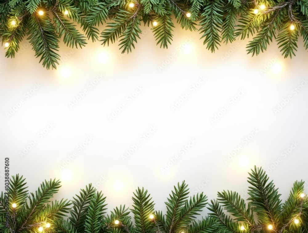 Christmas border with conifer branches and garlands of Christmas lights isolated on white background Christmas border with conifer branches and garlands of Christmas lights isolated on white background