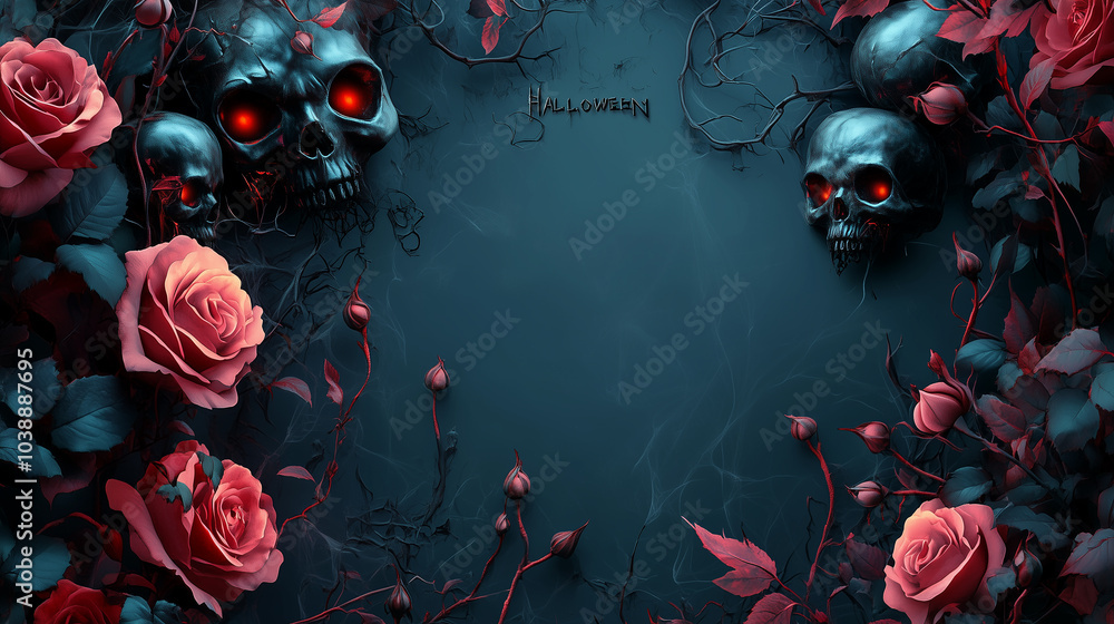Gothic Halloween banner with copy space, skulls and roses, text Halloween Gothic Halloween banner with copy space, skulls and roses, text Halloween