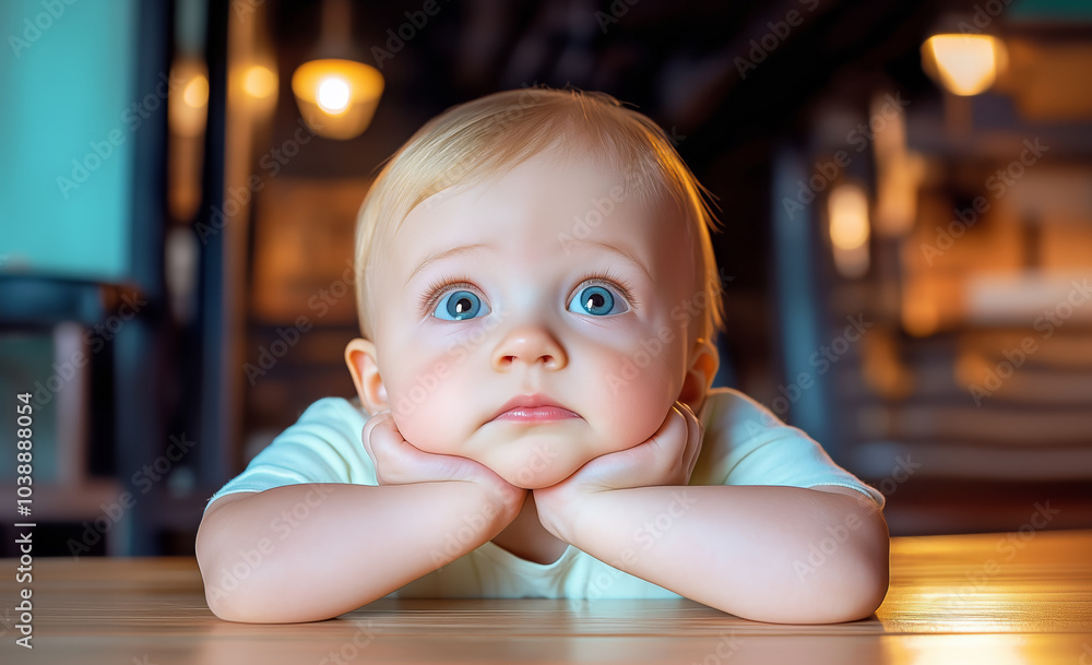 A curious toddler gazes thoughtfully while resting on a table in a cozy indoor cafe setting A curious toddler gazes thoughtfully while resting on a table in a cozy indoor cafe setting