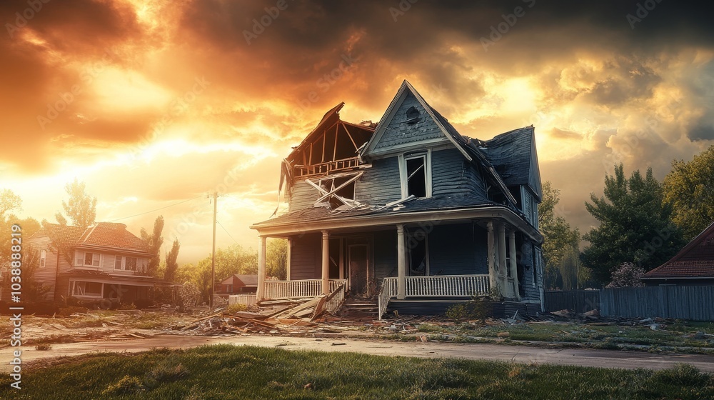 A house stands exposed after a tornados fury has taken its roof surrounded by debris A house stands exposed after a tornados fury has taken its roof surrounded by debris