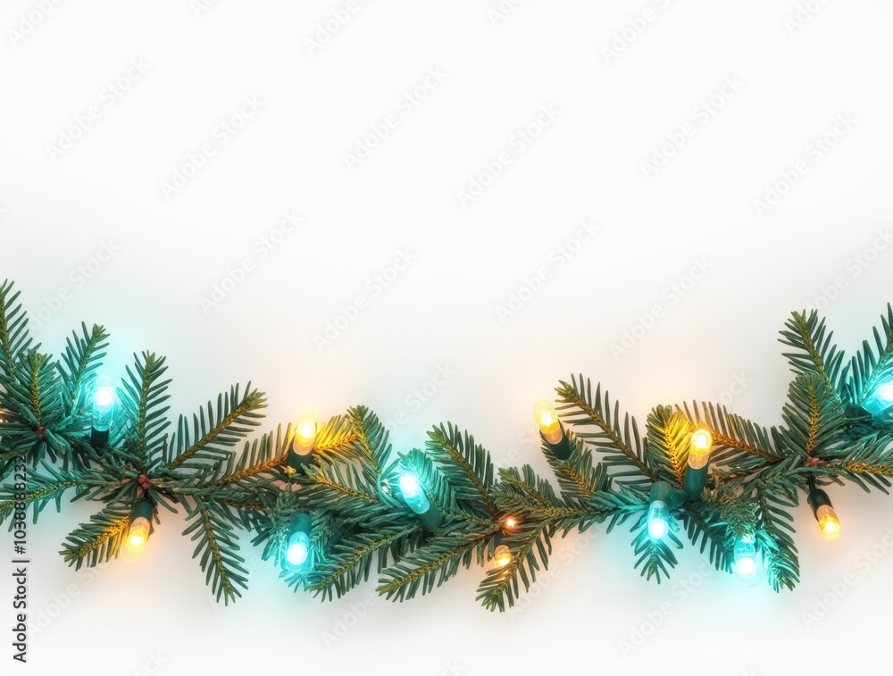 Christmas border with conifer branches and garlands of Christmas lights isolated on white background