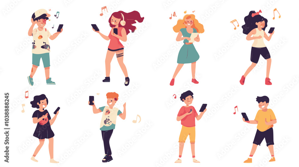Young People use Smartphones, Chatting, making Selfie and listening Music. Happy Boys and Girls talking and typing on Phone, Vector Illustration. Young People use Smartphones, Chatting, making Selfie and listening Music. Happy Boys and Girls talking and typing on Phone, Vector Illustration.
