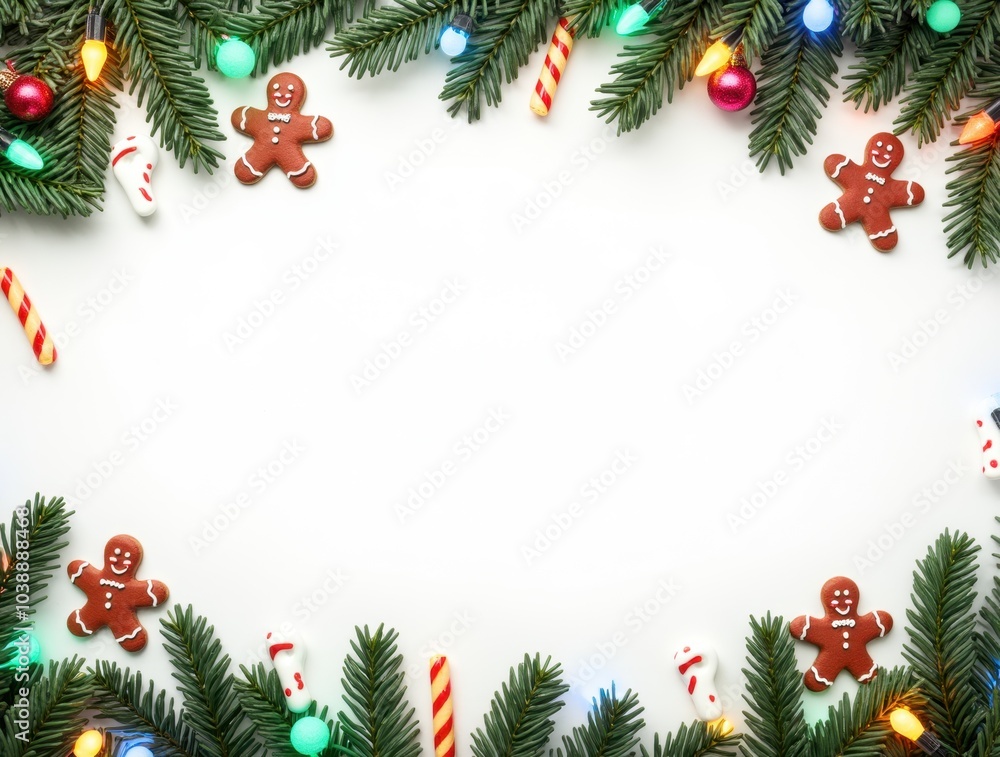 Christmas border with conifer branches and garlands of Christmas lights isolated on white background Christmas border with conifer branches and garlands of Christmas lights isolated on white background