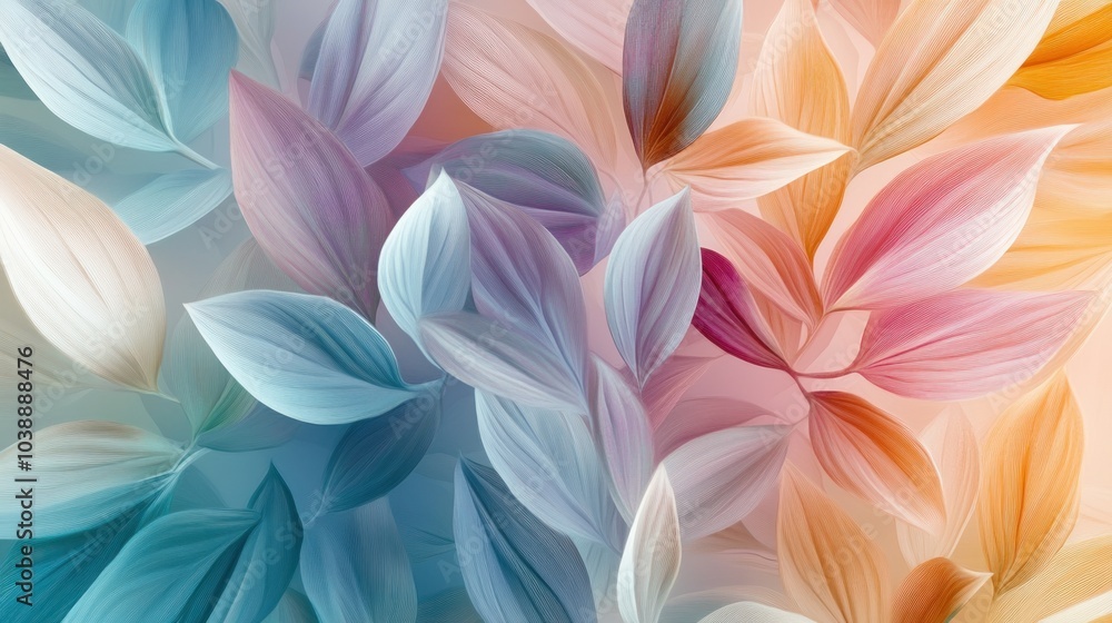 A vibrant arrangement of stylized leaves in soft pastel colors creating a soothing aesthetic. A vibrant arrangement of stylized leaves in soft pastel colors creating a soothing aesthetic.