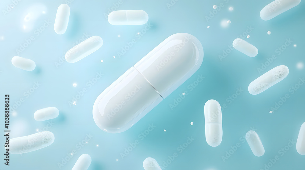 Floating white capsules on a serene light blue background depicting a sense of health, wellness, and modern pharmaceutical innovation, symbolizing medication and healthcare. Floating white capsules on a serene light blue background depicting a sense of health, wellness, and modern pharmaceutical innovation, symbolizing medication and healthcare.