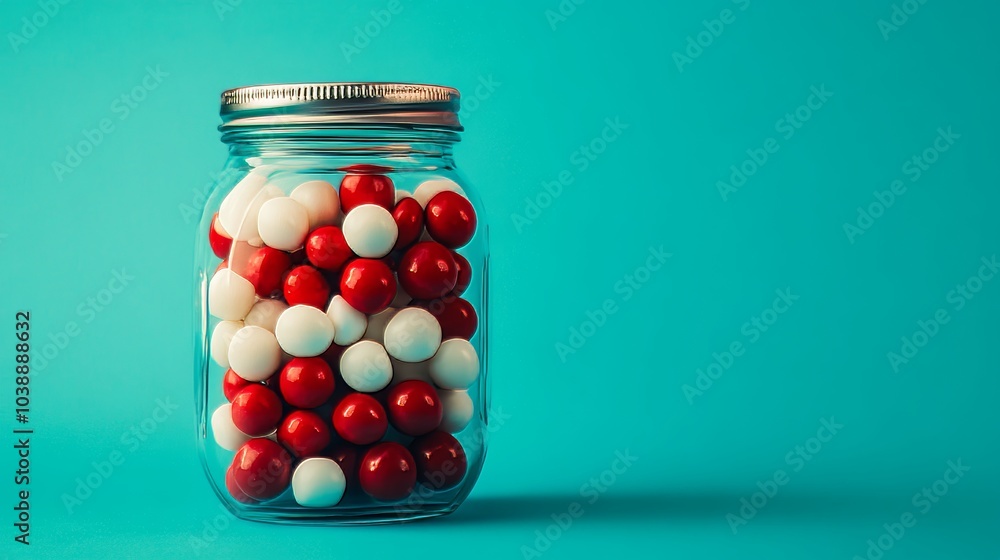 Red and white candies in glass jar on blue background Red and white candies in glass jar on blue background
