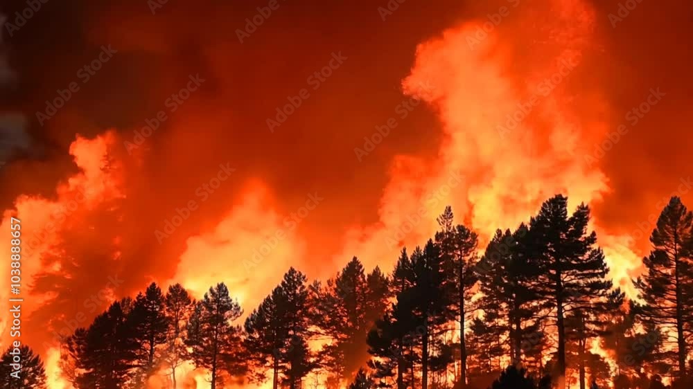 Aerial view of a wildfire engulfing a forest with intense flames. Environmental concept Aerial view of a wildfire engulfing a forest with intense flames. Environmental concept