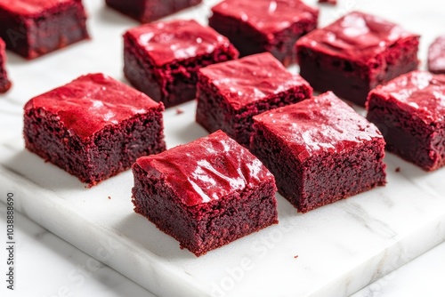 Mini red velvet fudge brownies on a marble tray homemade brownie bites on a light backdrop