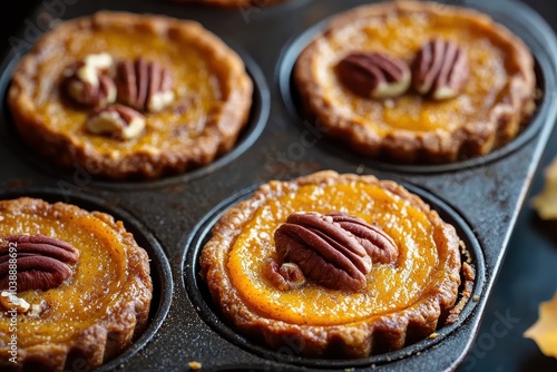 Mini pumpkin and pecan pies made in a muffin pan classic autumn dessert