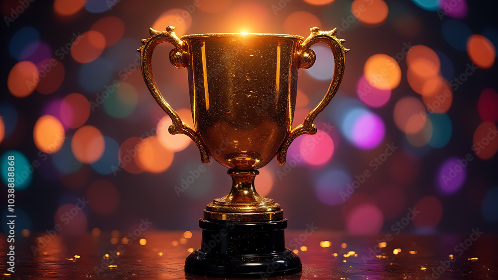 The trophy sparkles with gold against a glittering backdrop of colorful lights. The trophy sparkles with gold against a glittering backdrop of colorful lights.
