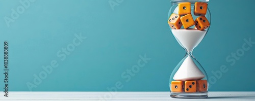 A vibrant hourglass filled with orange dice against a turquoise background, symbolizing time management and the fleeting nature of time. photo