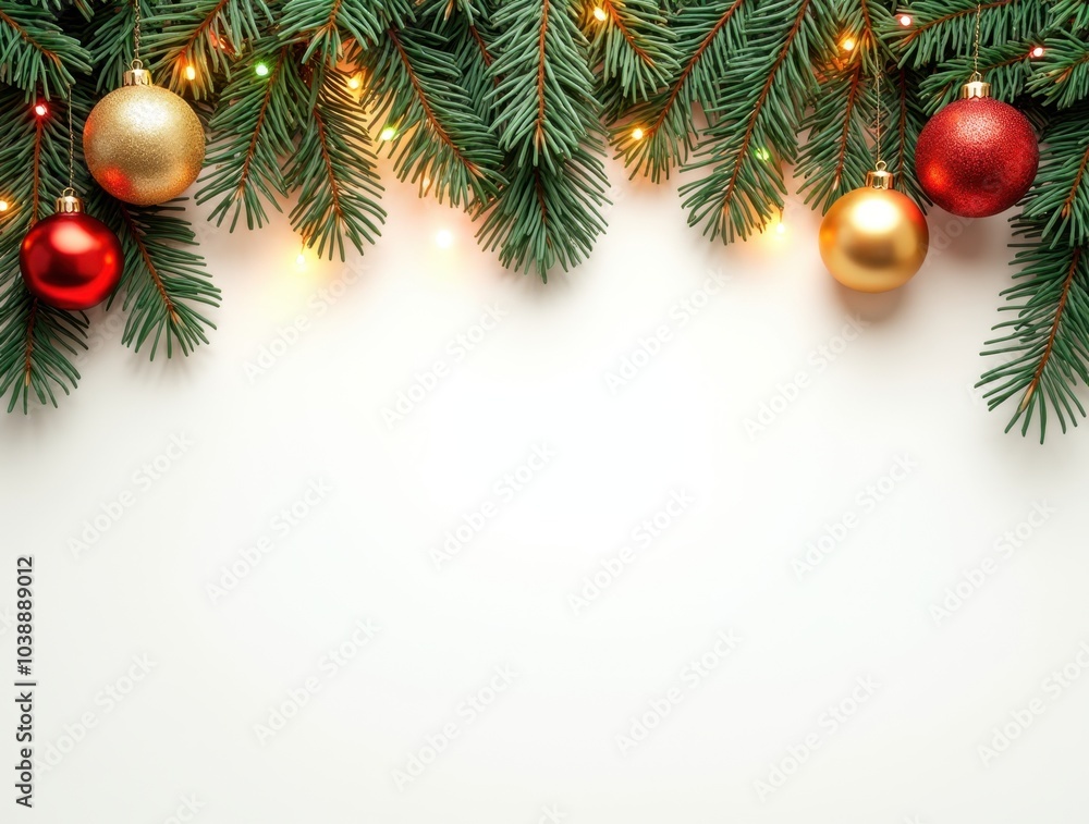 Christmas border with conifer branches and garlands of Christmas lights isolated on white background Christmas border with conifer branches and garlands of Christmas lights isolated on white background