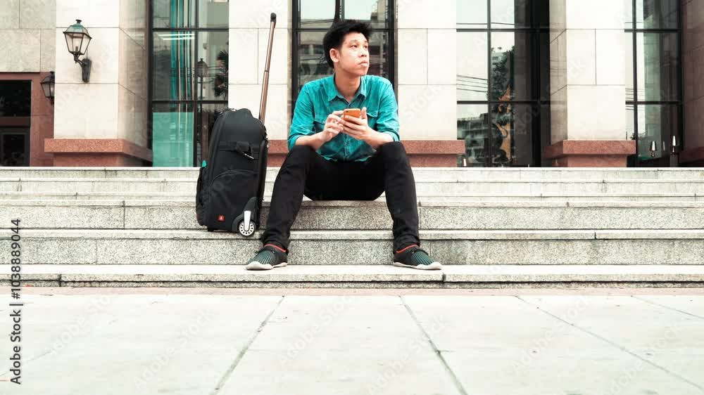 A young man sits on stone steps, absorbed in his phone. A bag rests beside him, and modern architecture frames the background, creating a casual yet urban atmosphere. A young man sits on stone steps, absorbed in his phone. A bag rests beside him, and modern architecture frames the background, creating a casual yet urban atmosphere.