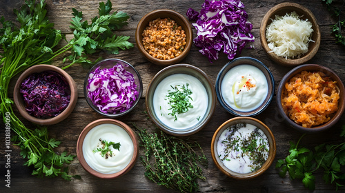 A vibrant assortment of fresh yogurt dips and colorful vegetable toppings, including purple cabbage, lentils, and herbs, arranged in rustic bowls on a wooden table for a delicious meal.