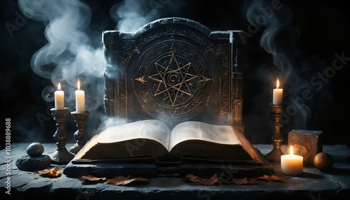 Grimoire open on a dark stone altar with candles and smoke

