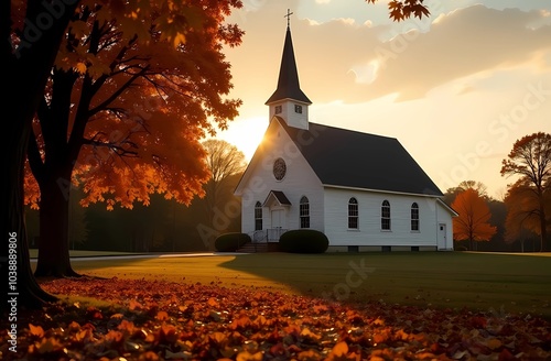 The architecture of the European church. Autumn leaves lying on the ground.  The rays of the sun illuminate the whole space.