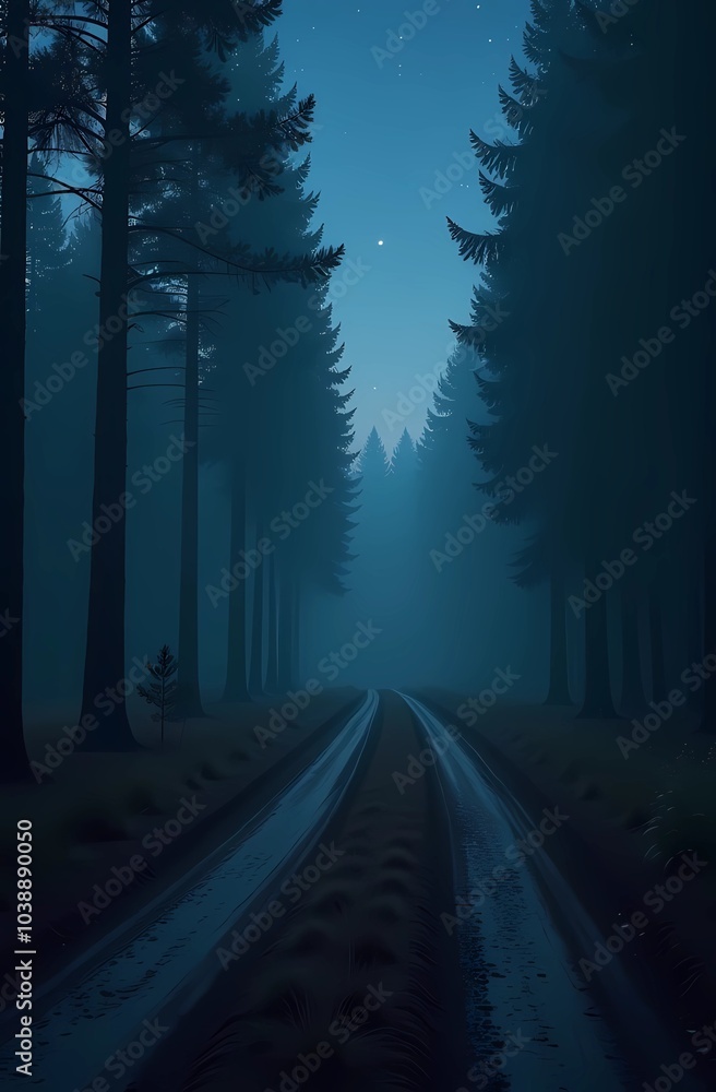 Obraz premium The dark road winds through the misty forest under a starry night sky. Mystical atmosphere and temperature difference.