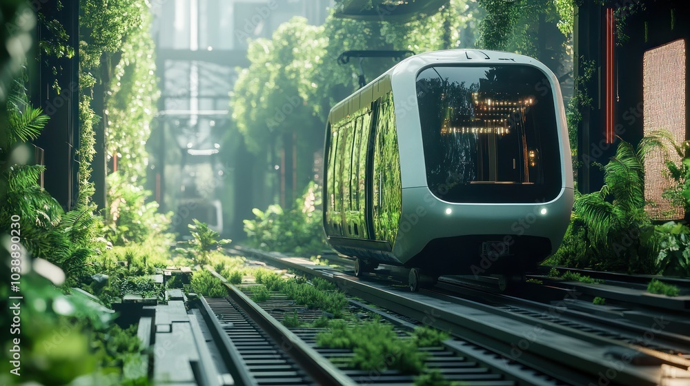 Naklejka premium A futuristic tram travels through a lush, green urban environment with vibrant vegetation.