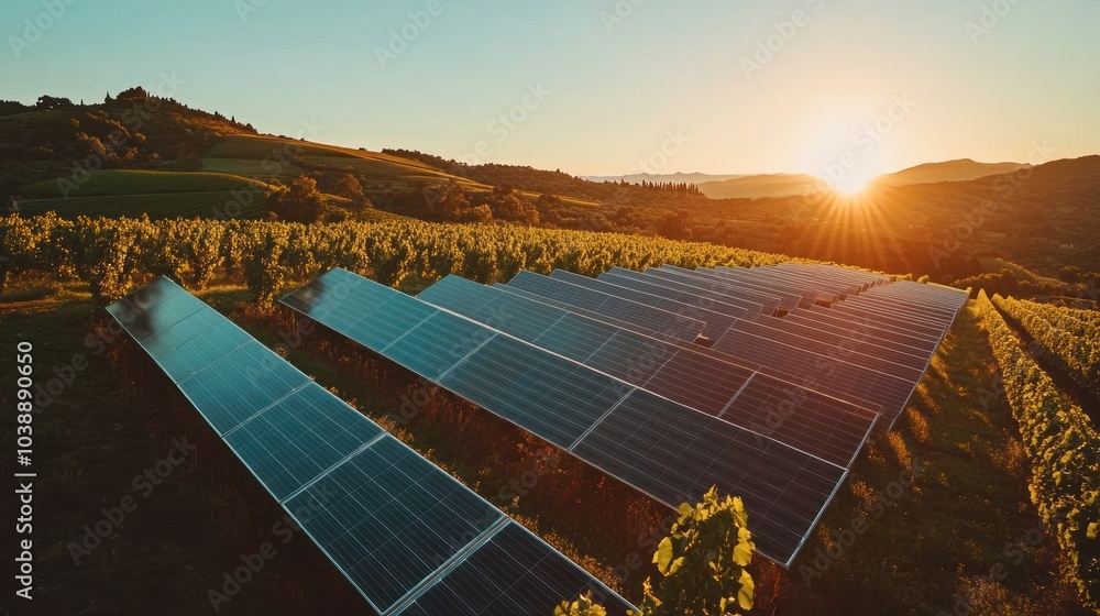 Solar panels in a vineyard at sunset, highlighting renewable energy and agriculture.