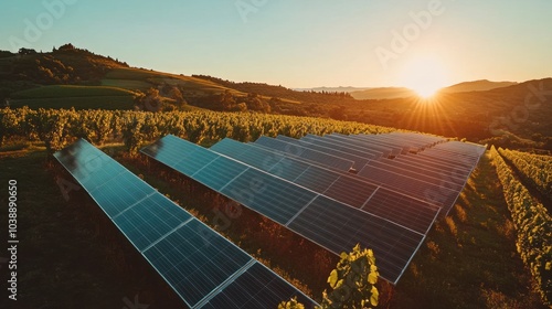 Solar panels in a vineyard at sunset, highlighting renewable energy and agriculture.