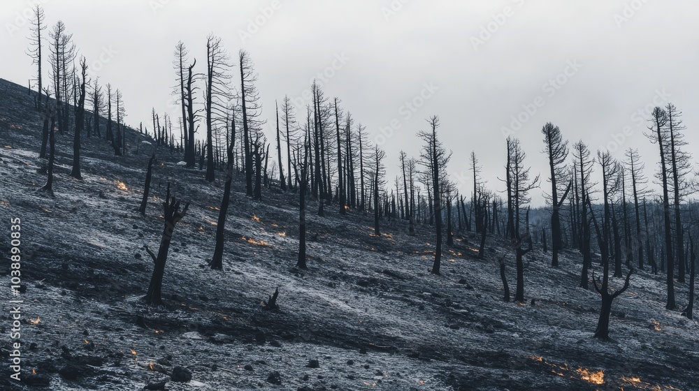 Obraz premium Charred remains of trees rise starkly in a desolate burnt forest under a gray sky