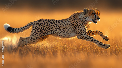 A cheetah races across the golden grasslands, showcasing its incredible speed during a stunning sunset in the wild