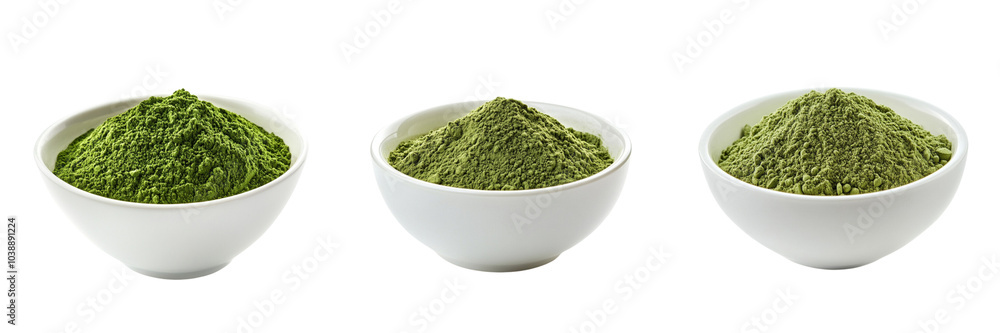 Set of A ceramic bowl filled with vibrant green wheatgrass powder, accompanied by a wooden spoon on transparent background. Ai generated Set of A ceramic bowl filled with vibrant green wheatgrass powder, accompanied by a wooden spoon on transparent background. Ai generated