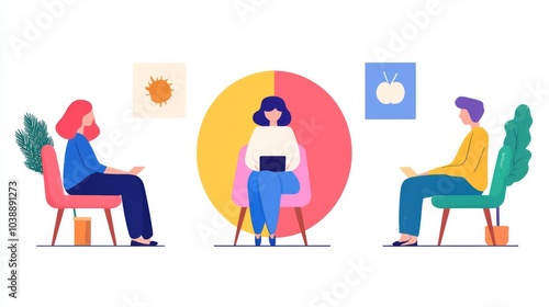 Illustration of three people in conversation, promoting teamwork and collaboration in a creative workspace.