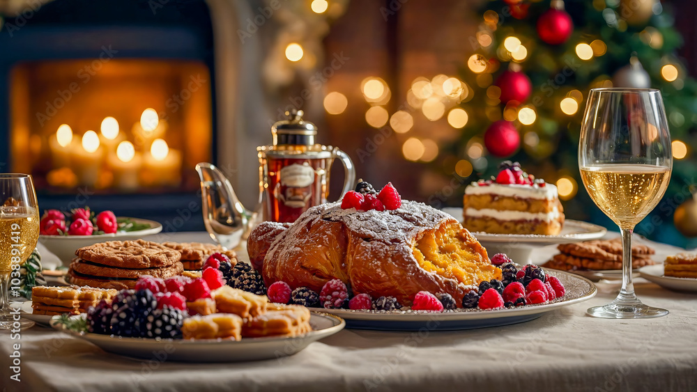 AI-generated images of Christmas spirits, with a mouth-watering spread of decadent desserts AI-generated images of Christmas spirits, with a mouth-watering spread of decadent desserts